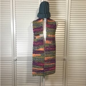 NWT Handmade Crocheted Blue Multicolor Textured Beanie & Scarf 64”